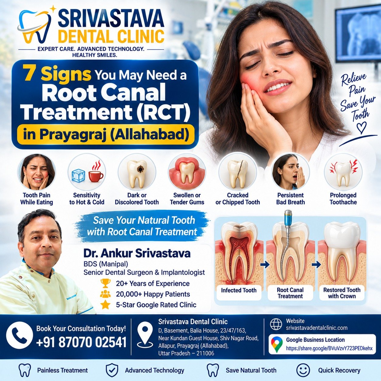 Seven possible signs of needing root canal treatment in Prayagraj, presented by Srivastava Dental Clinic